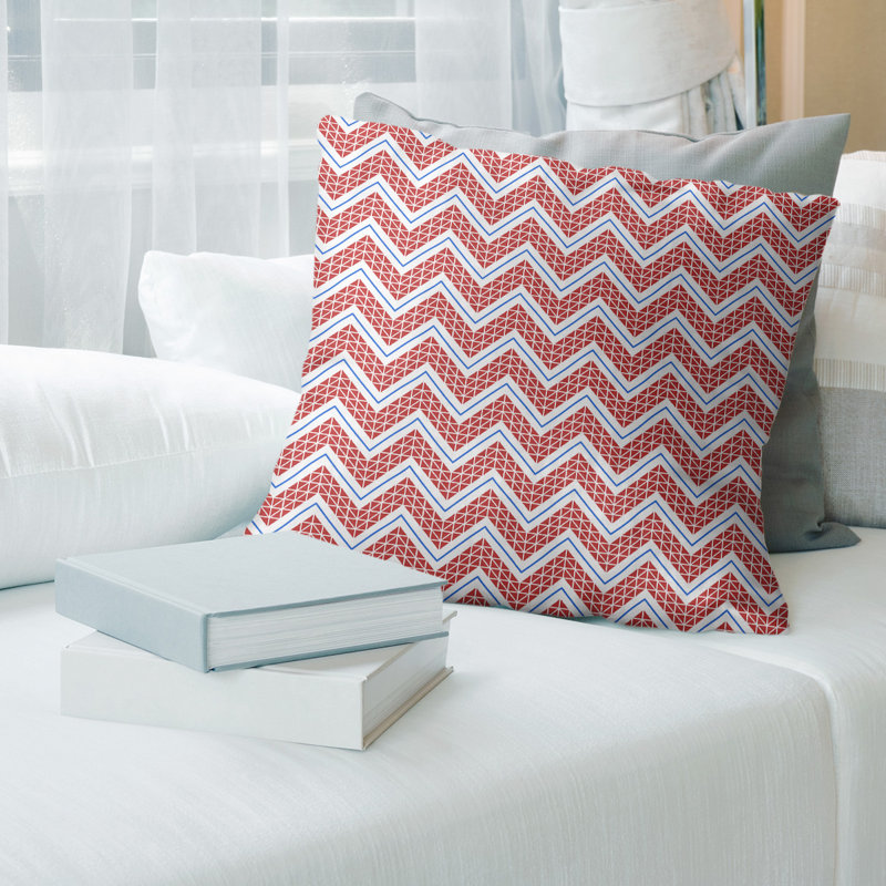 Coussin décoratif 14 po, 18 po x 18 po, Chevrons, Rouge clair / Bleu