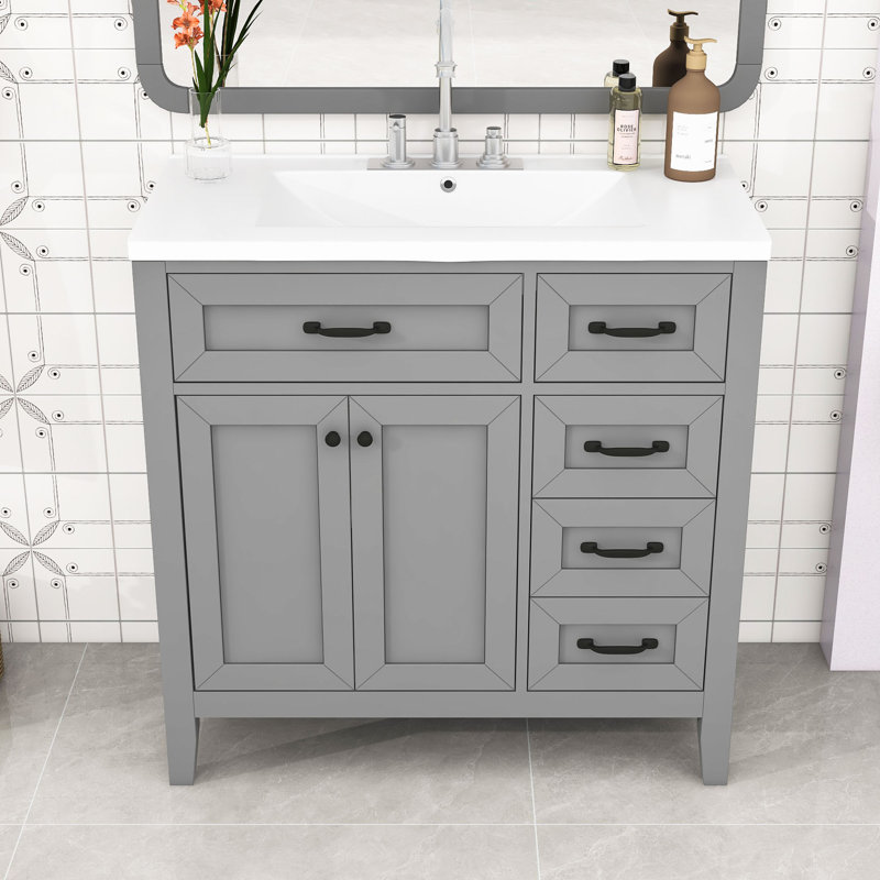 Nurah 36'' Free Standing Single Bathroom Vanity with Ceramic Top, Gray