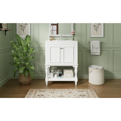 Meuble-lavabo de luxe moderne 24 po avec lavabo en céramique, armoire de salle de bain avec tablette ouverte et rangement fermé