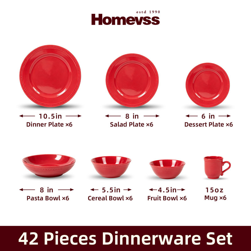 Service de table 42 pièces en grès à pois nacrés HomeVSS, pour 6 personnes, Rouge