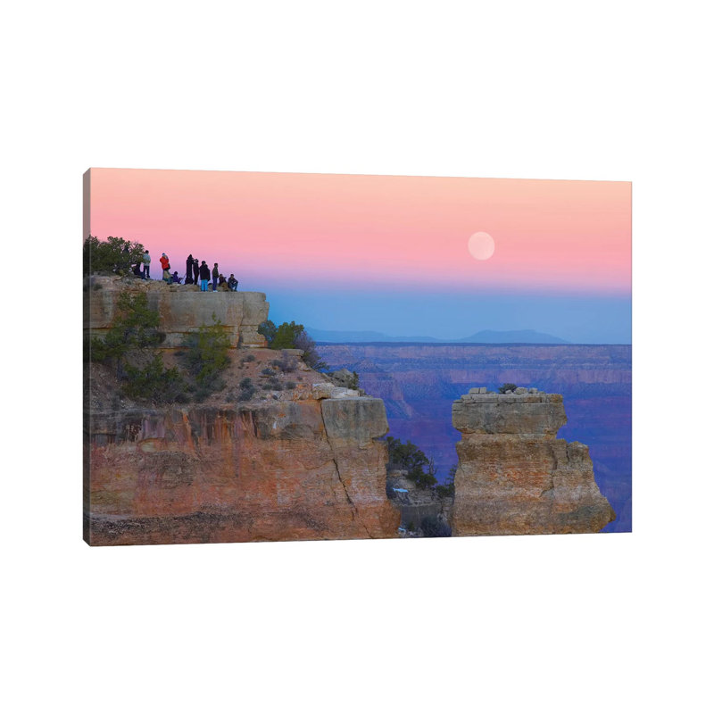 Tourists Enjoying Sunset And Rising Full Moon At Yaki Point, Grand Canyon National Park, Arizona by Tim Fitzharris - Wrapped Canvas Print