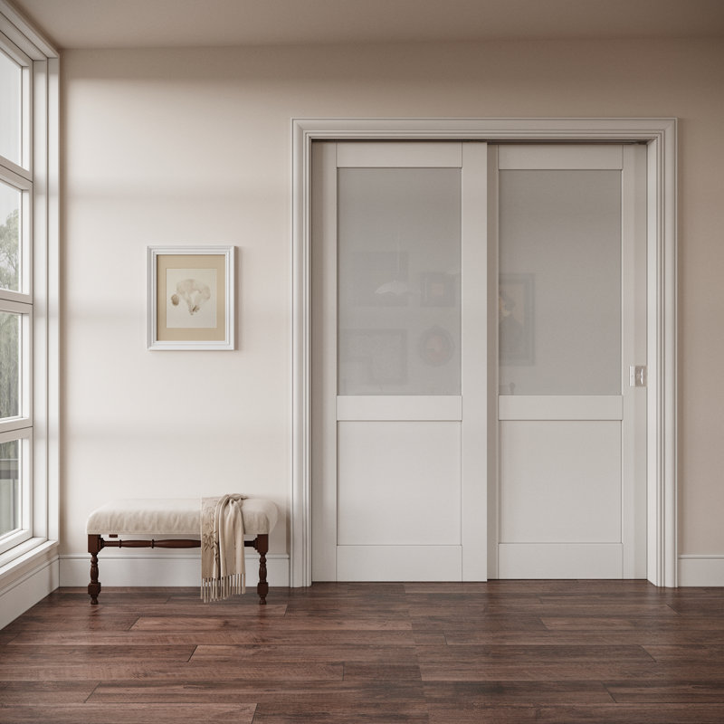 Interior Half‑Lite Frosted Glass Door, CARB P2 MDF & SGCC Tempered Glass Bypass Pocket Doors, with Strengthen Solid Frame & Privacy Silver Pocket Lock & Hardware Kit, Pre‑Finished & Waterproof, for Pantry, Bedroom & Closet, Easy DIY Stain, 64"x 96"