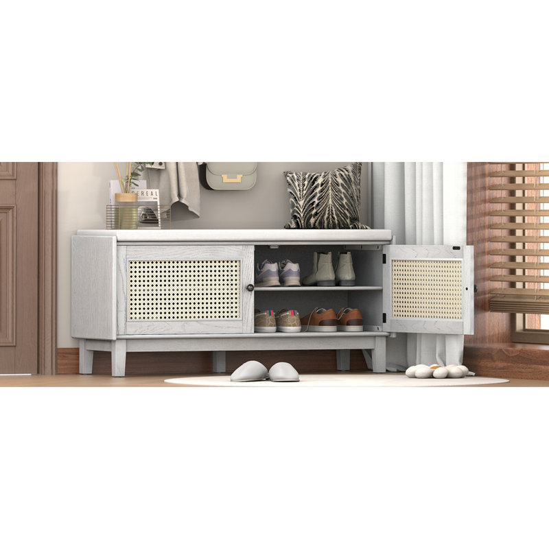 Trexm Boho Rattan Entryway Bench With Storage, Cushioned Shoe Bench With Double Doors, Wooden Shoe Organizer Bench For Entryway And Hallway (Gray Wash)