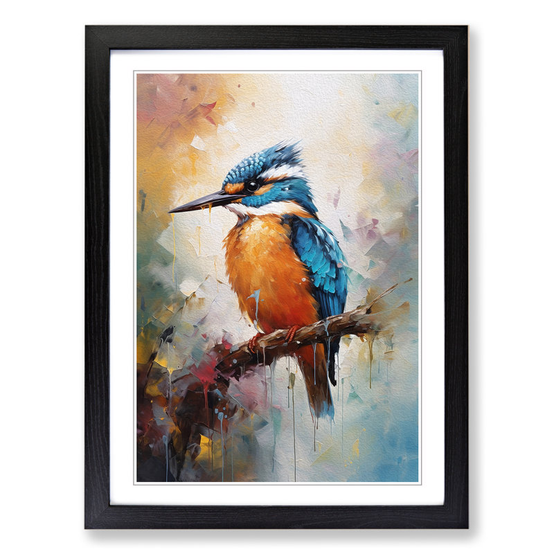 Kingfisher Impressionism - Single Picture Frame Print on Wood, Black Framed, 64cm H x 46cm W x 2cm D