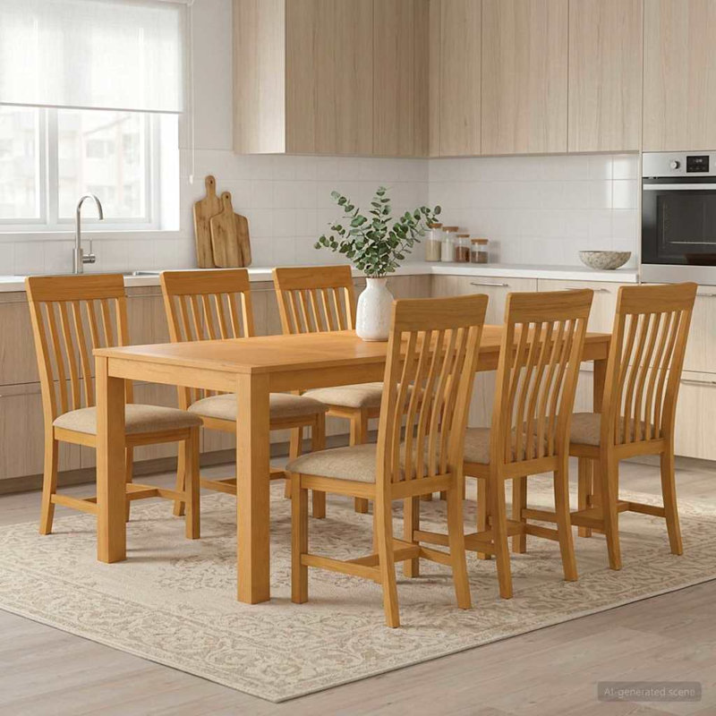 6 -Person Oak Solid Wood Dining Set, 75cm H x 200cm W x 100cm D, Beige, Beige, Beige, Beige