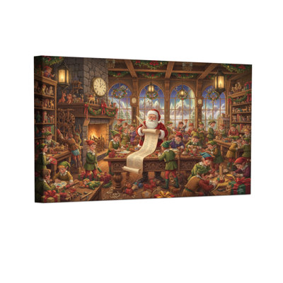 Christmas Santa Claus Workshop Elves Making Toys Set of 3 Canvas Wall Art Prints
