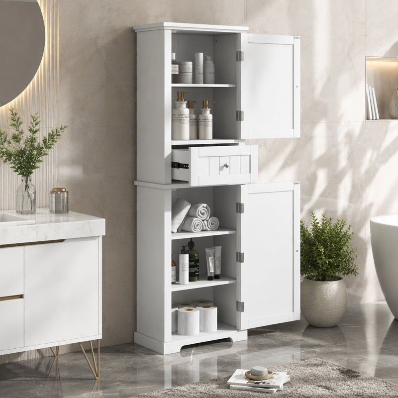 Grande armoire de rangement pour salle de bain, armoire de rangement autoportante avec tiroir et tablette réglable, panneau de fibres à densité moyenne avec finition peinte