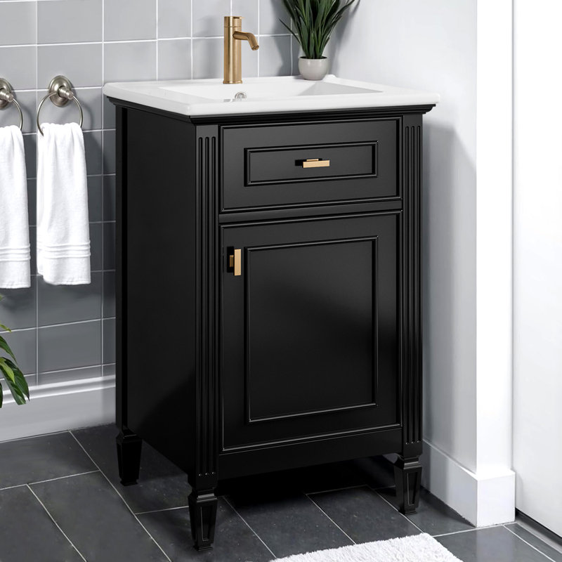 20" Bathroom Vanity With Sink, Solid Wood Legs,tilt-out Drawer,freestanding Cabinet For Small Bathroom, Black