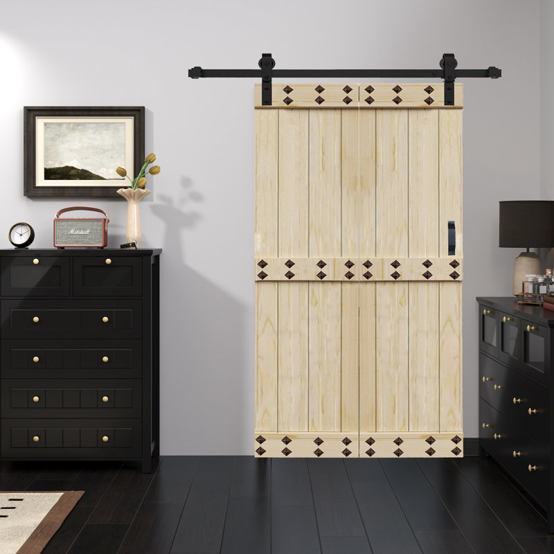 Porte de grange à deux panneaux en bois massif de style Mid-Bar avec trousse de quincaillerie - assemblage requis, Non fini