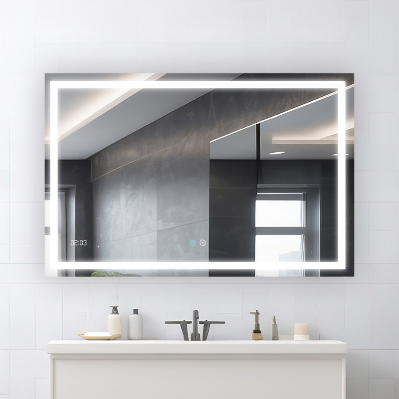AQUADOM Daytona 48" W x 36" H x 1" D, LED Wall-Mount Mirror for Bathroom with 3 Color Temperature Light, Touch Control, Dimmer and Defogger, Digital Clock