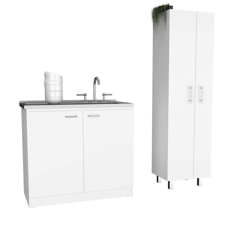 White Kitchen Cabinet Pair - Sink & Pantry With Modern Design And Spacious Interior Utility Construction Ample Space
