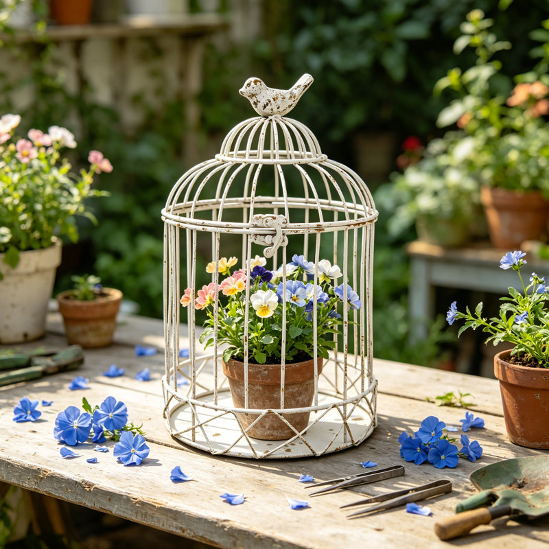 Decorative Birdcage, Rustic Plant Pot Holder, Candle Holder, Metal Wire Plant Stand, White