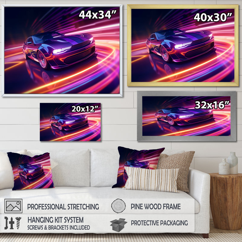 «Neon Light American Muscle Car II», reproduction sur toile, H 16 po x l 32 po x P 1 po, Cadre doré simple