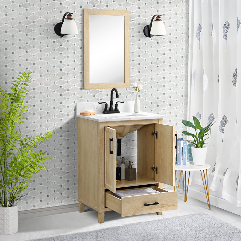 Meuble-lavabo simple 24 po avec comptoir en quartz blanc Carrara, évier et dosseret Hardin, pré-assemblé, 25"
