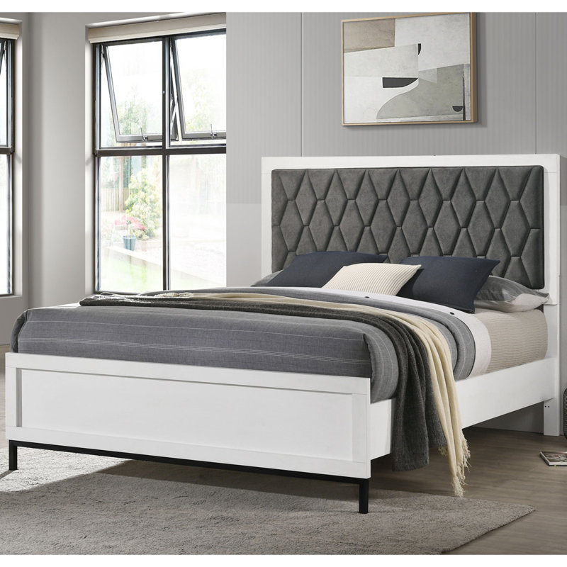 White Queen Upholstered Panel Bed