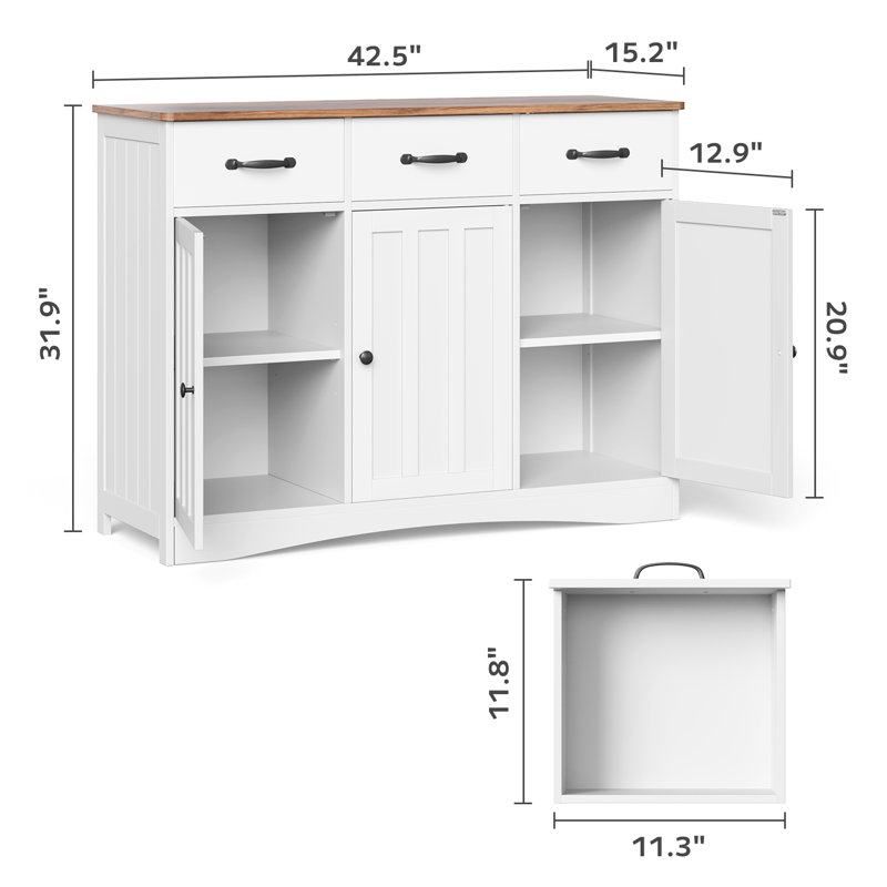 Buffet Farmhouse avec 3 tiroirs et 3 portes d'armoire, tablettes réglables pour le salon, la salle à manger ou le couloir