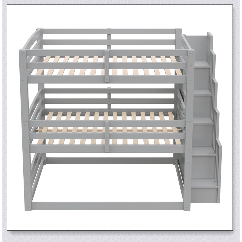 Triple Bunk Bed With Storage Staircase,Separate Design, Gray