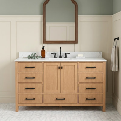 Meuble-lavabo autoportant de 152 cm (60 po) avec lavabo simple et armoire en bois massif de chêne naturel
