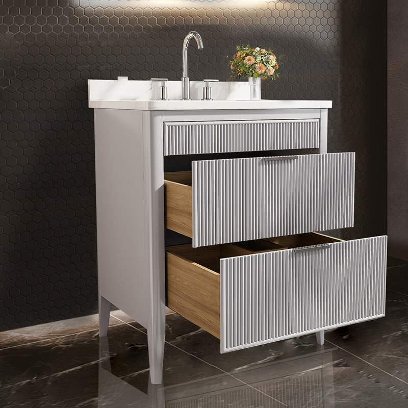 Solid wood Modern Freestanding Single Sink Bathroom Vanity with Engineered Marbl Top, Light Gray, 36"