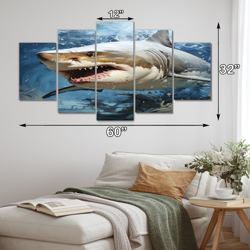 «Grey Teal Shark Stride», art mural sur toile animaux, 5 panneaux