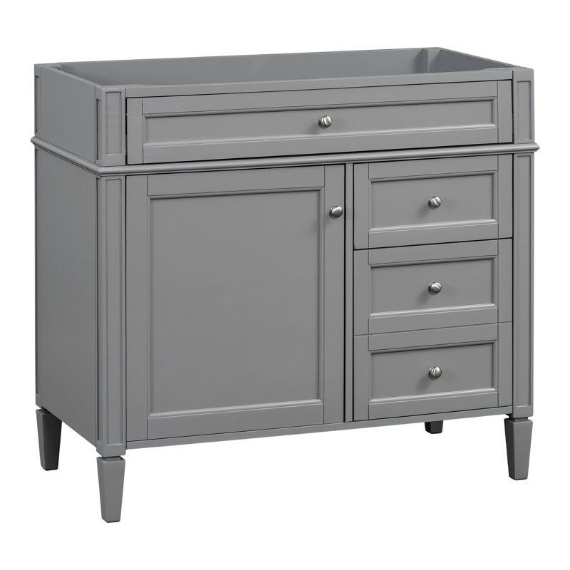 Meuble-lavabo 36 po, structure en bois massif, gris, 2 tiroirs et tiroir rabattable, élégant et pratique, Grey, Argent argent