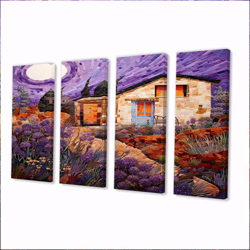 «White Country House Full Moon Mauve Sky», art mural paysage 4 pièces, H 28 po x l 48 po