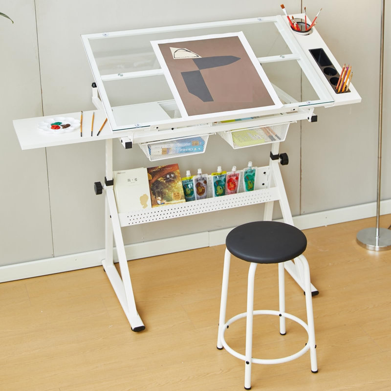 Table à dessin à hauteur réglable avec tabouret, bureau de dessin multifonctionnel avec plateau en verre inclinable et 2 tiroirs de rangement pour l'art, l'artisanat, la peinture, le bureau personnel - blanc