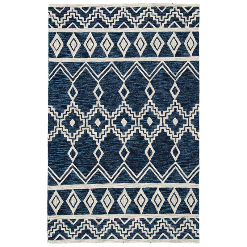 Ivory and Navy Tufted Wool Abstract Square Rug