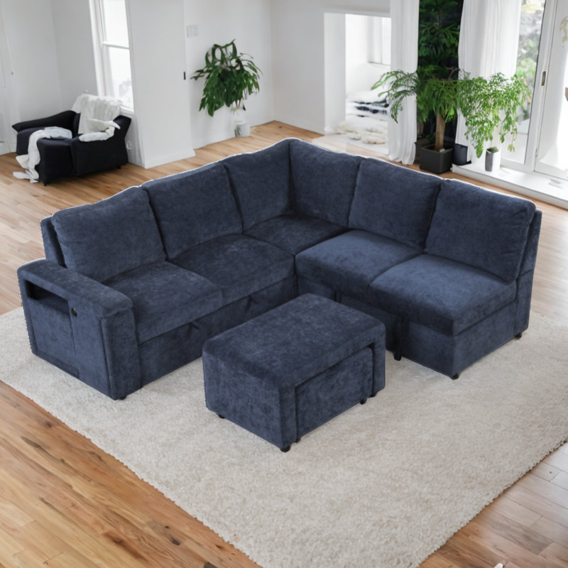 Melihate Upholstered L-Shaped Sectional with Ottoman Symmetrical, Blue Polyester