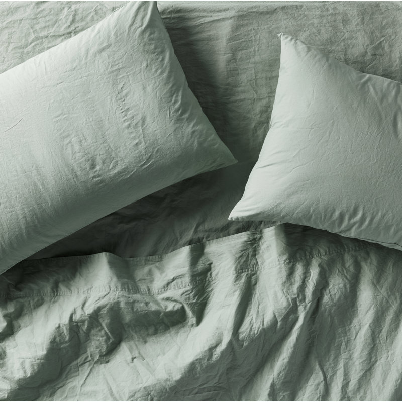 Organic Crinkled Percale Sheet Set, Queen Sheet Set with 2 Pillowcases, Sage