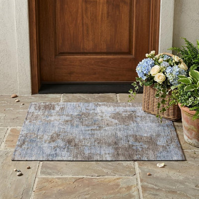 Tapis extérieur antidérapant lavable et antidérapant 2 pi x 3 pi bleu et moka