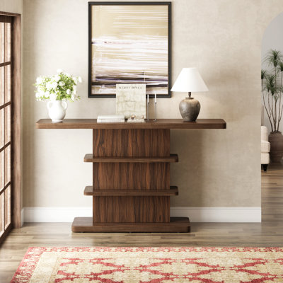 Console étroite 63 po vintage avec tablettes de rangement ouvertes à 2 niveaux, capacité de poids élevée, convient au salon, au couloir, au couloir et à la chambre à coucher, brun noyer