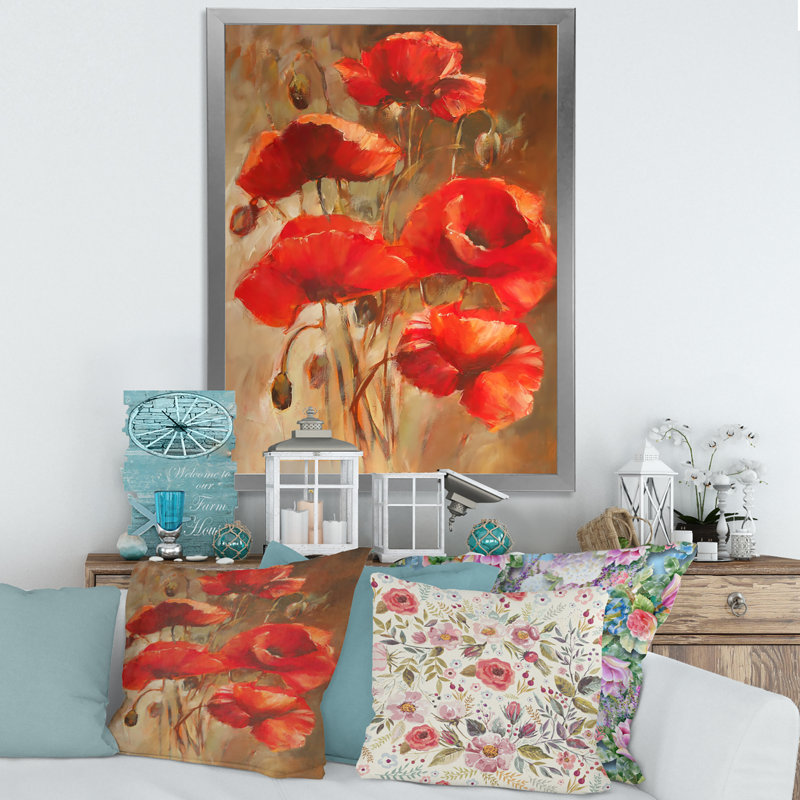 Red Blossoming Poppies VI - peinture sur toile, Toile avec cadre argenté, H 32 po x l 24 po x P 1,5 po