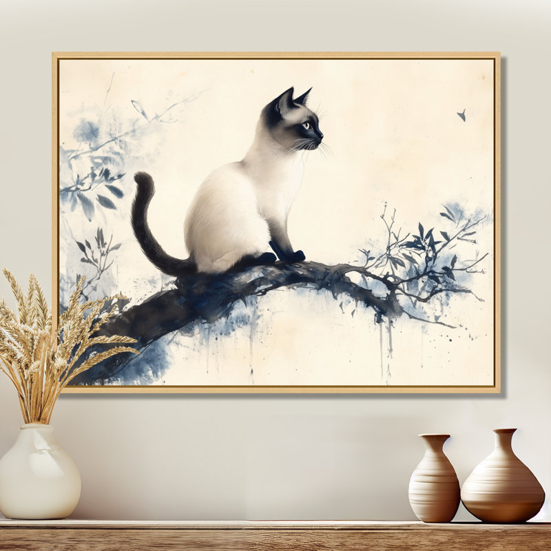 Décoration murale encadrée «Siamese Cat in Ink», H 16 po x l 32 po, Natural Floater Framed