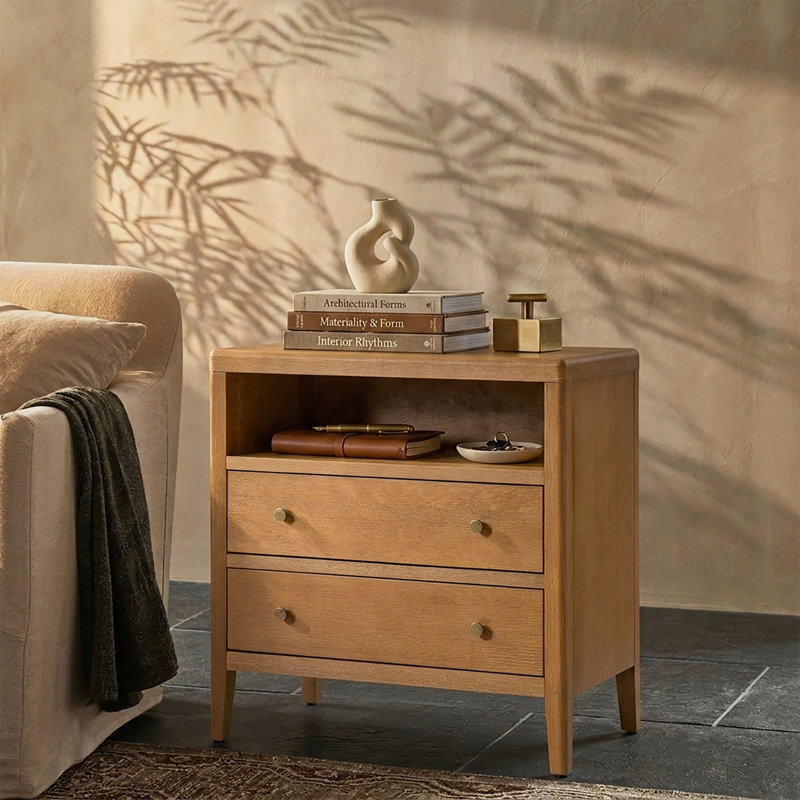 Shera Modern 2-Drawer 28"W Solid Wood End Table with Built-in Power Outlet and USB Port, Oak