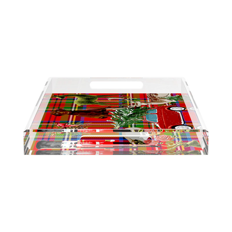 Ultimate Christmas Acrylic Rectangle Decorative Tray, 22.5"W x 14.5"D x 2"H, Red/Green Plaid