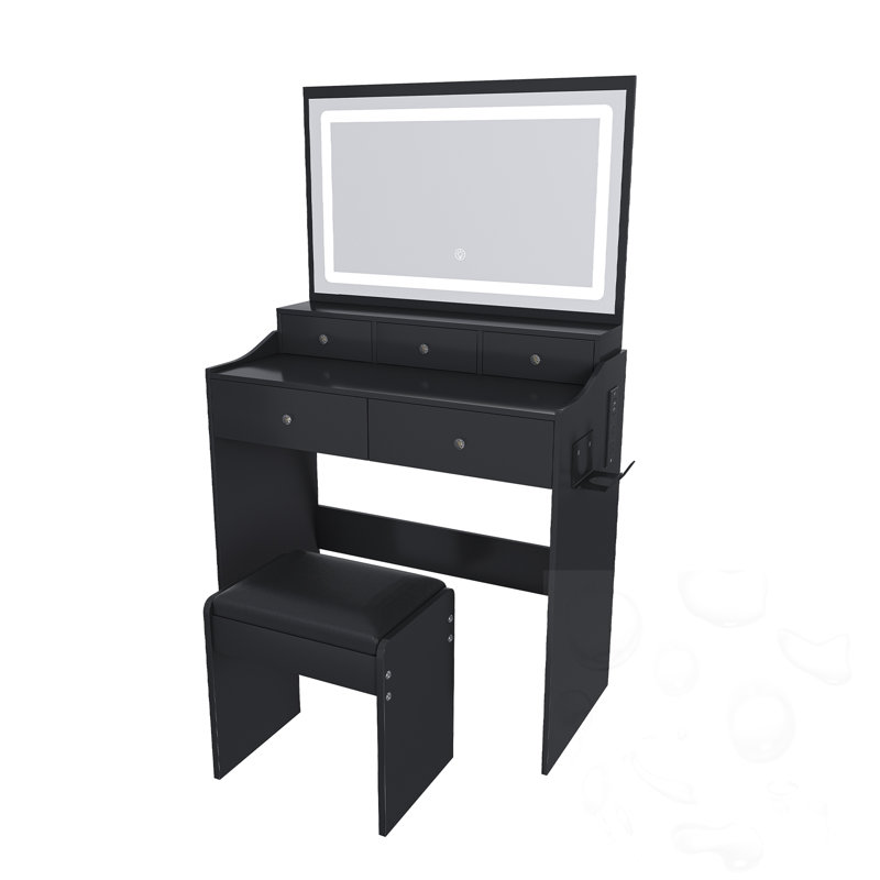 Makeup Vanity With Power Outlet, Hair Dryer Holder And 5 Drawers, Black