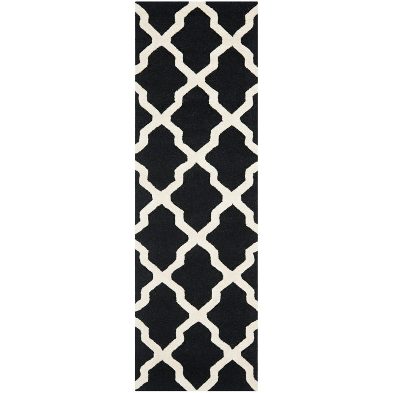 Cannen Hand Tufted Wool Geometric Rug, Runner 2'6" x 14', Black/Ivory
