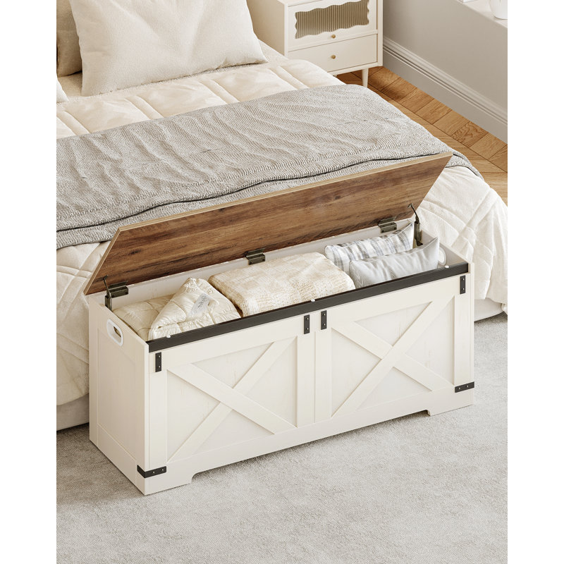 47.2" Storage Chest, Large Storage Trunk with 2 Hinges, Farmhouse Wooden Box Bench, Lift-Top Organizer Chest, Entryway Trunk for Bedroom, Living Room, White