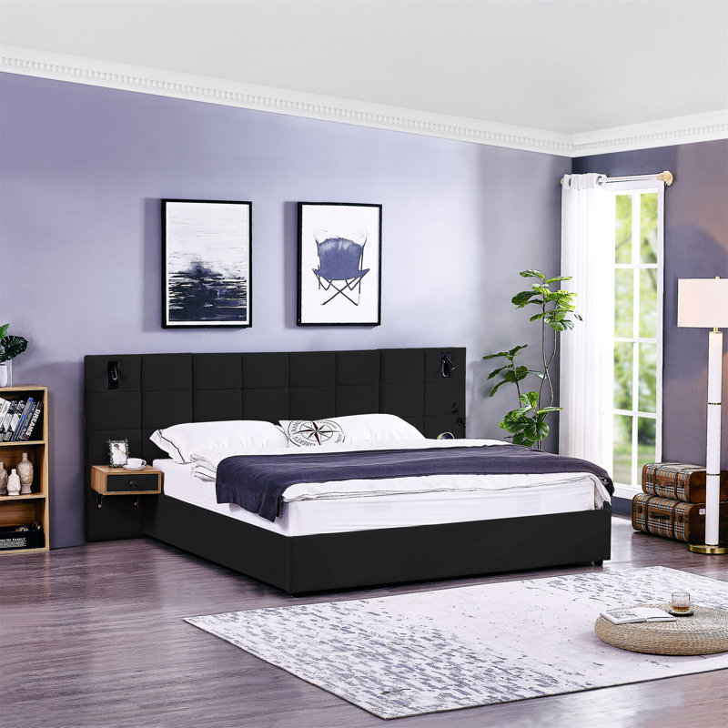 Très grand lit plateforme tapissier hydraulique en velours avec 2 tablettes, 2 lampes de lecture et un port USB, Black