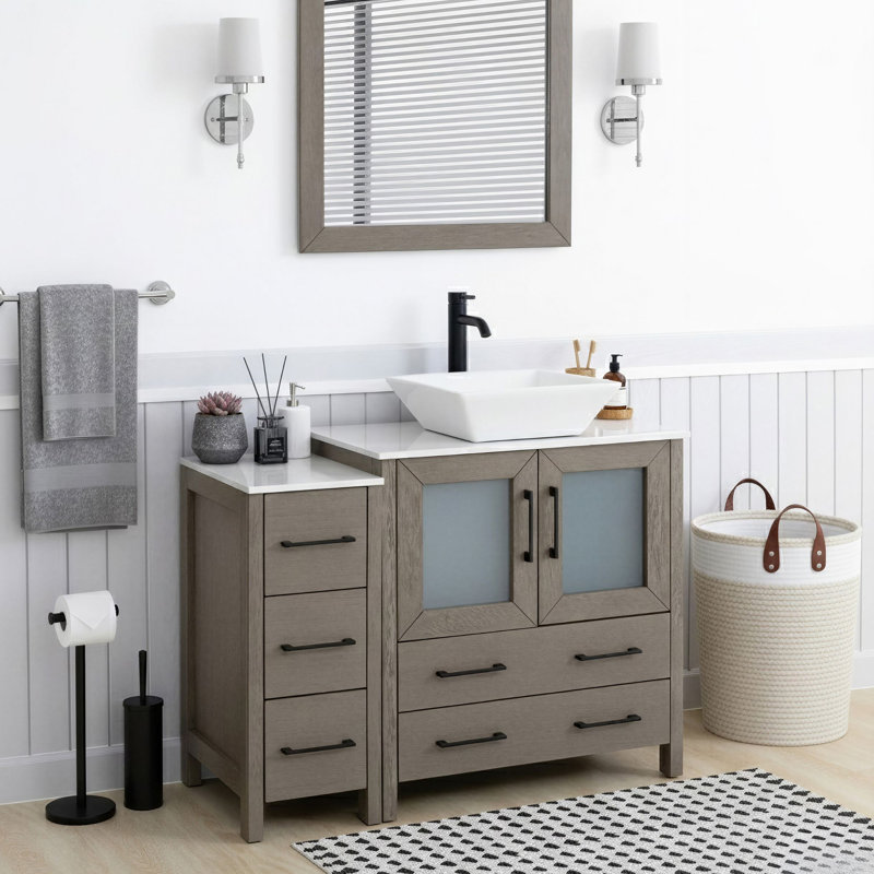 Ensemble de meuble-lavabo sur pied simple 42 po avec dessus en marbre et miroir assortis Ravenna, Bois flottant gris