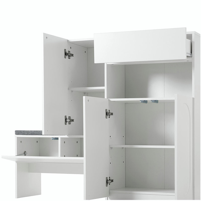 Range-chaussures 2 en 1 avec coussin moelleux, banc de rangement moderne avec portes arquées et dispositifs de rebond, range-chaussures polyvalent avec tablettes réglables