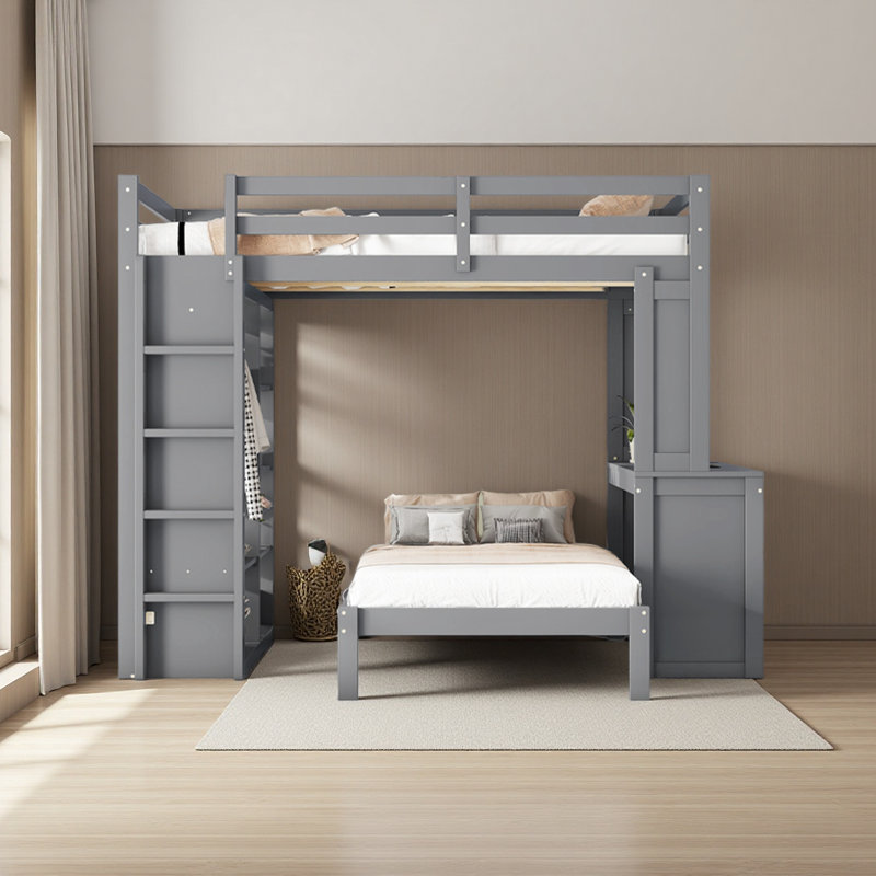 Solid Wood Bunk Beds Frame With Built-In Shelves And Wardrobe, Can Be Converted Into Loft Bed, Full over Twin, Gray