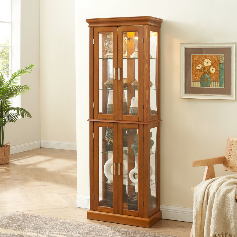 23.97"W Oak Curio Cabinet With Mirrored Back & Adjustable Shelves 70"H Glass, Oak