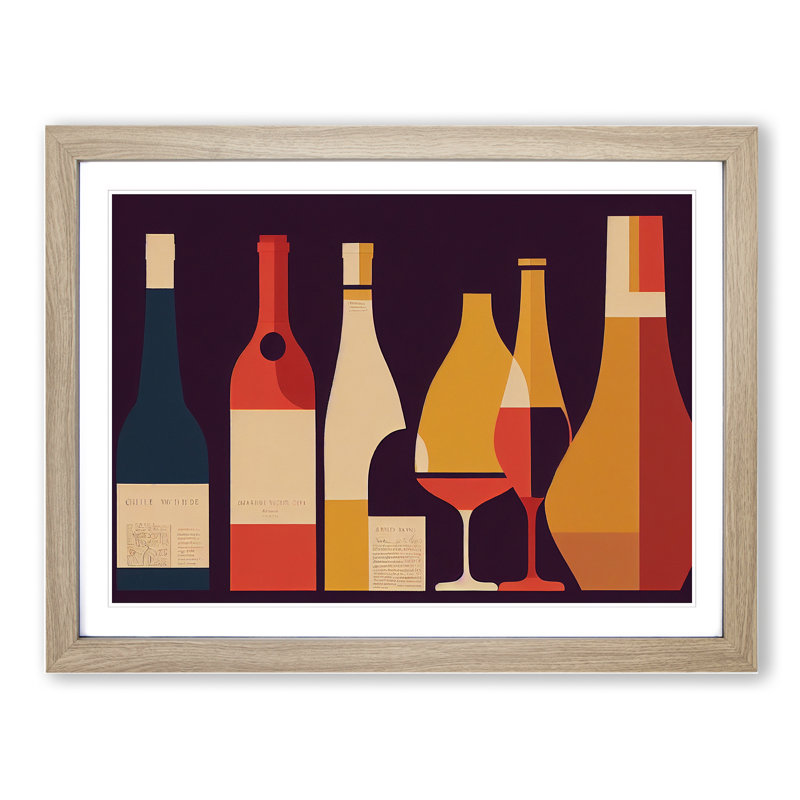 Retro Wine Bottle Vol.2 - Single Picture Frame Painting, 25cm H x 34cm W x 2cm D, Oak Framed