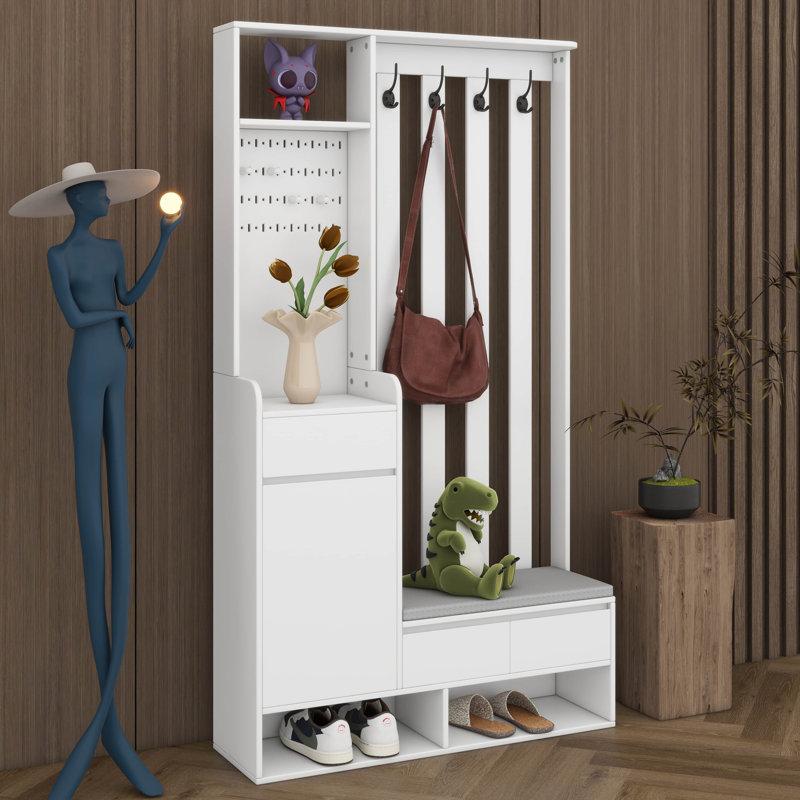 Arbre d'entrée polyvalent 6 en 1 avec banc de rangement rembourré, armoire à chaussures avec panneau perforé, portemanteau en bois avec 4 crochets