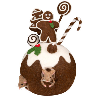 Gingerbread Cake And Mice Christmas Decoration - 13" - Brown And White