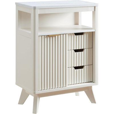 Armoire de salle de bain cannelée moderne avec porte coulissante et 3 tiroirs, tablette réglable et plateau en faux marbre, organisateur de rangement à profil courbé pour la salle de bain et la cuisine