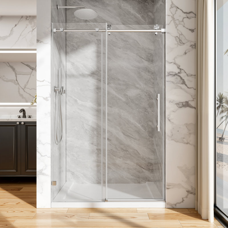 44" - 48" W X 76" H Single Sliding Frameless Shower Door With 8mm Glass , Stainless Steel Handle Nickel, Nickel