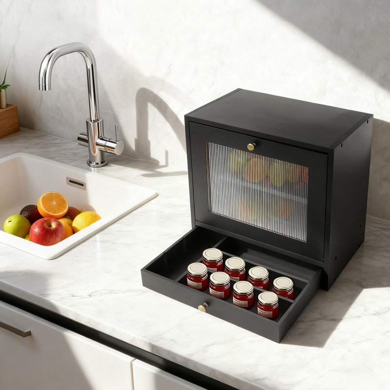 2 Layer Wooden Bread Storage Breadbox, Black